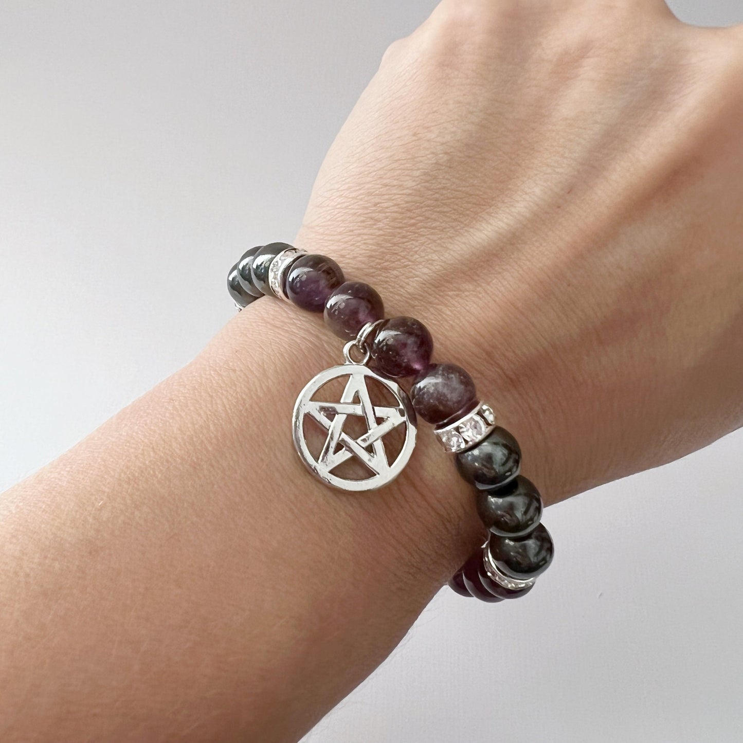 8mm Hematite & Amethyst Beaded Bracelet with Pentacle Charm