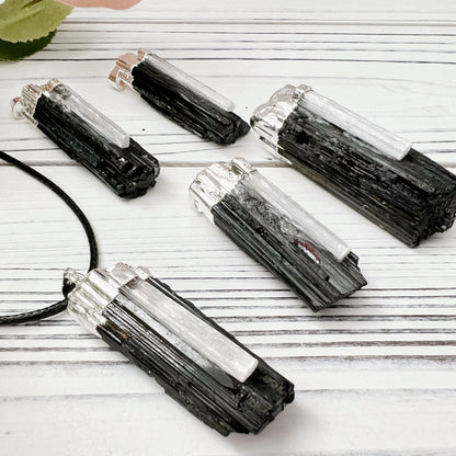 Raw Black Tourmaline & Selenite Pendant