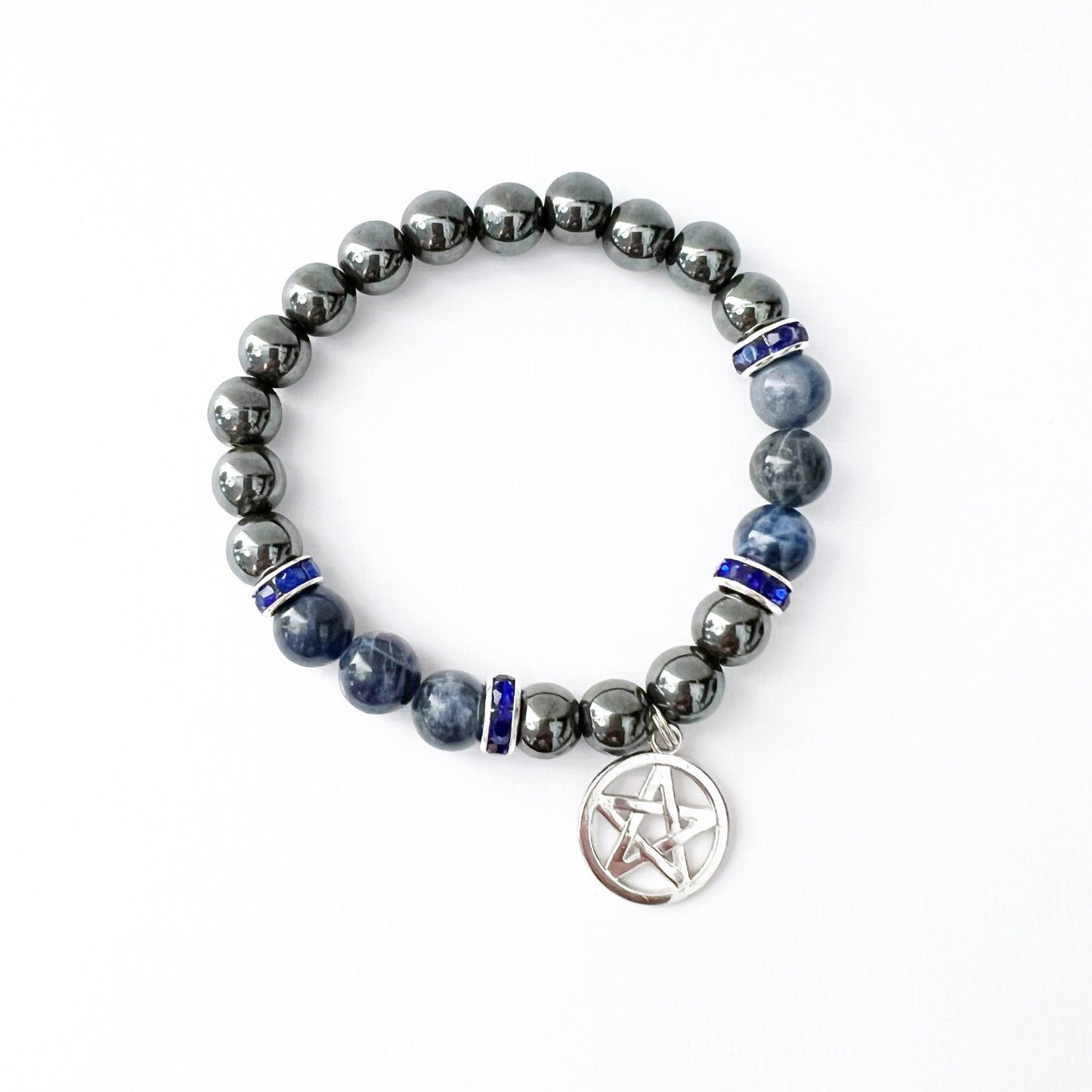 8mm Hematite & Sodalite Beaded Bracelet with Pentacle Charm