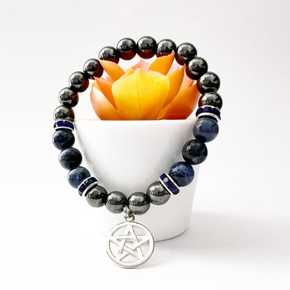 8mm Hematite & Sodalite Beaded Bracelet with Pentacle Charm