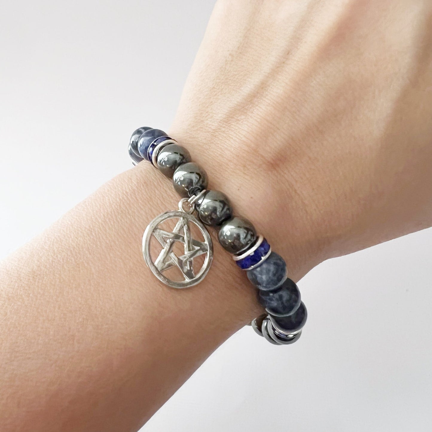 8mm Hematite & Sodalite Beaded Bracelet with Pentacle Charm