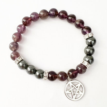 8mm Hematite & Amethyst Beaded Bracelet with Pentacle Charm