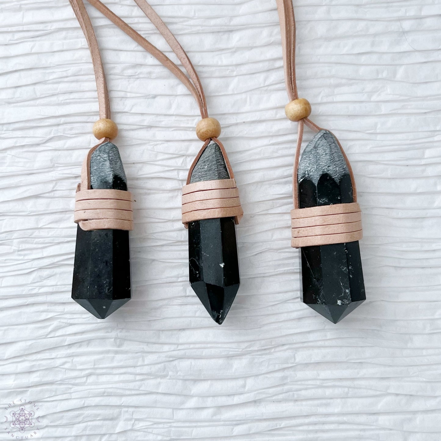 Black Tourmaline Leather Wrapped Point Necklace