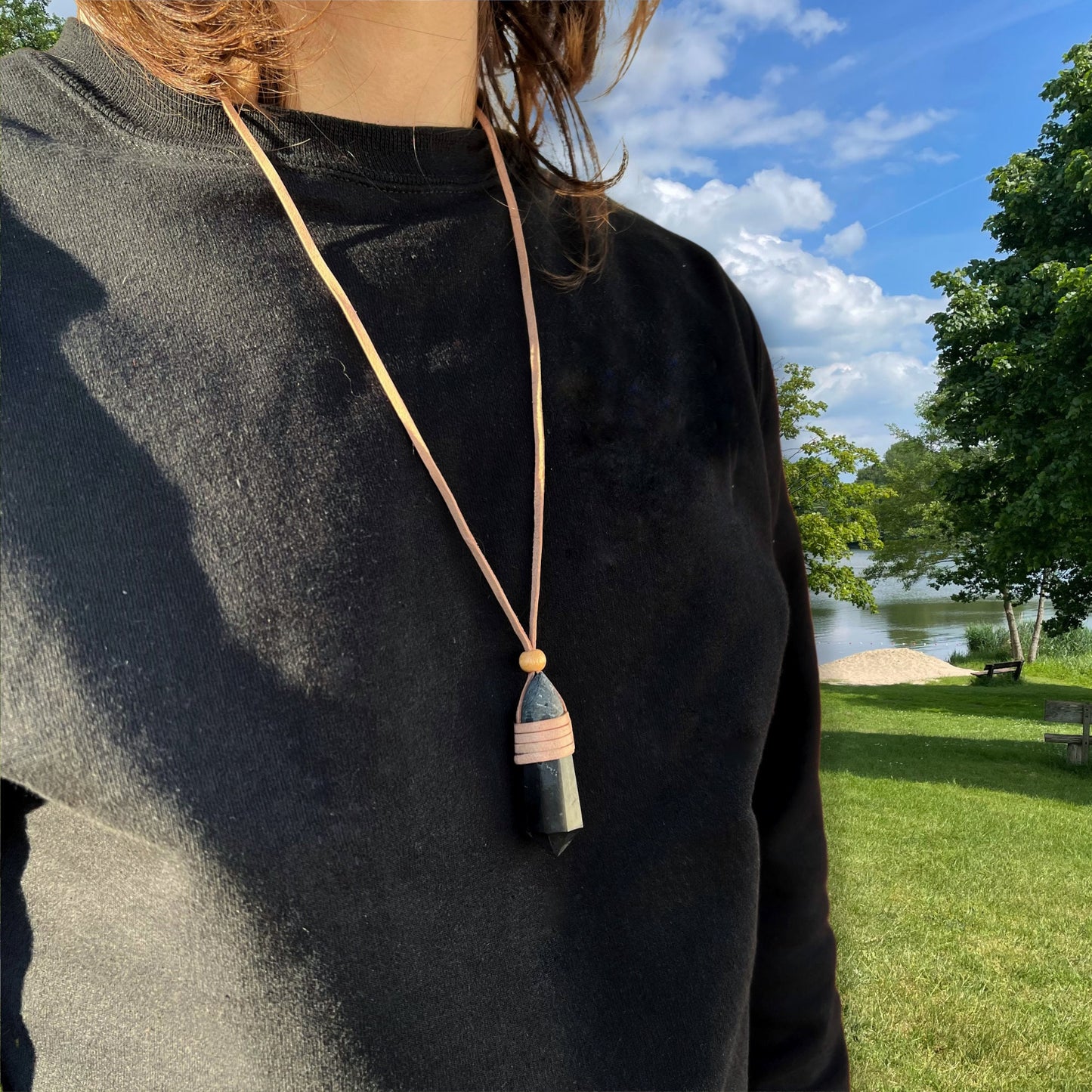 Black Tourmaline Leather Wrapped Point Necklace