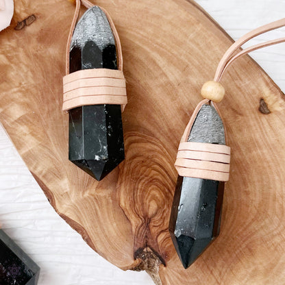 Black Tourmaline Leather Wrapped Point Necklace