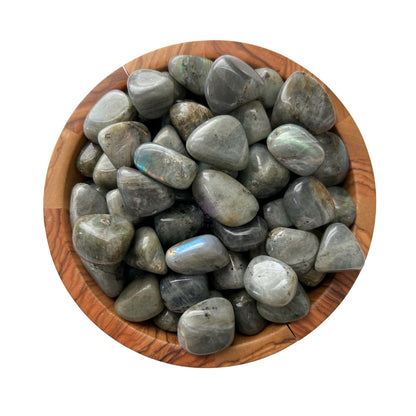 A wooden bowl filled with polished Labradorite Tumbled Stones. The smooth, rounded gems display subtle iridescent flashes of blue, green, and gray. Renowned as a transformation stone, each labradorite glows mysteriously against the plain white background.