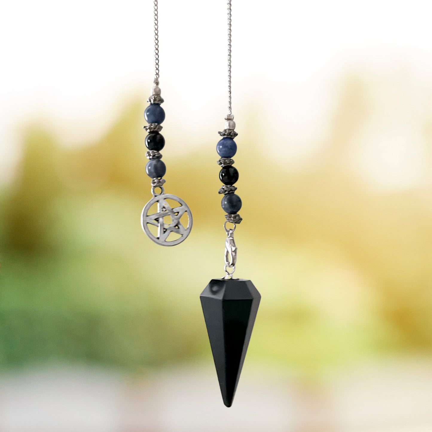 Black Obsidian Hexagonal Pendulum with Sodalite & Pentacle Charm