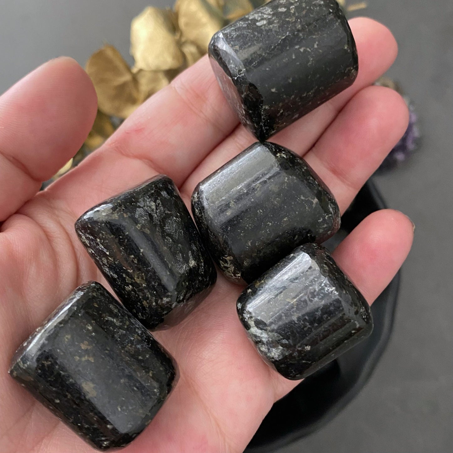 A black bowl filled with smooth, polished Black Galaxy Jasper Tumbled Stones sits on a dark surface, emanating grounding energies. To the left, a bundle of red and green decorative branches provides a striking contrast to the protective stones.