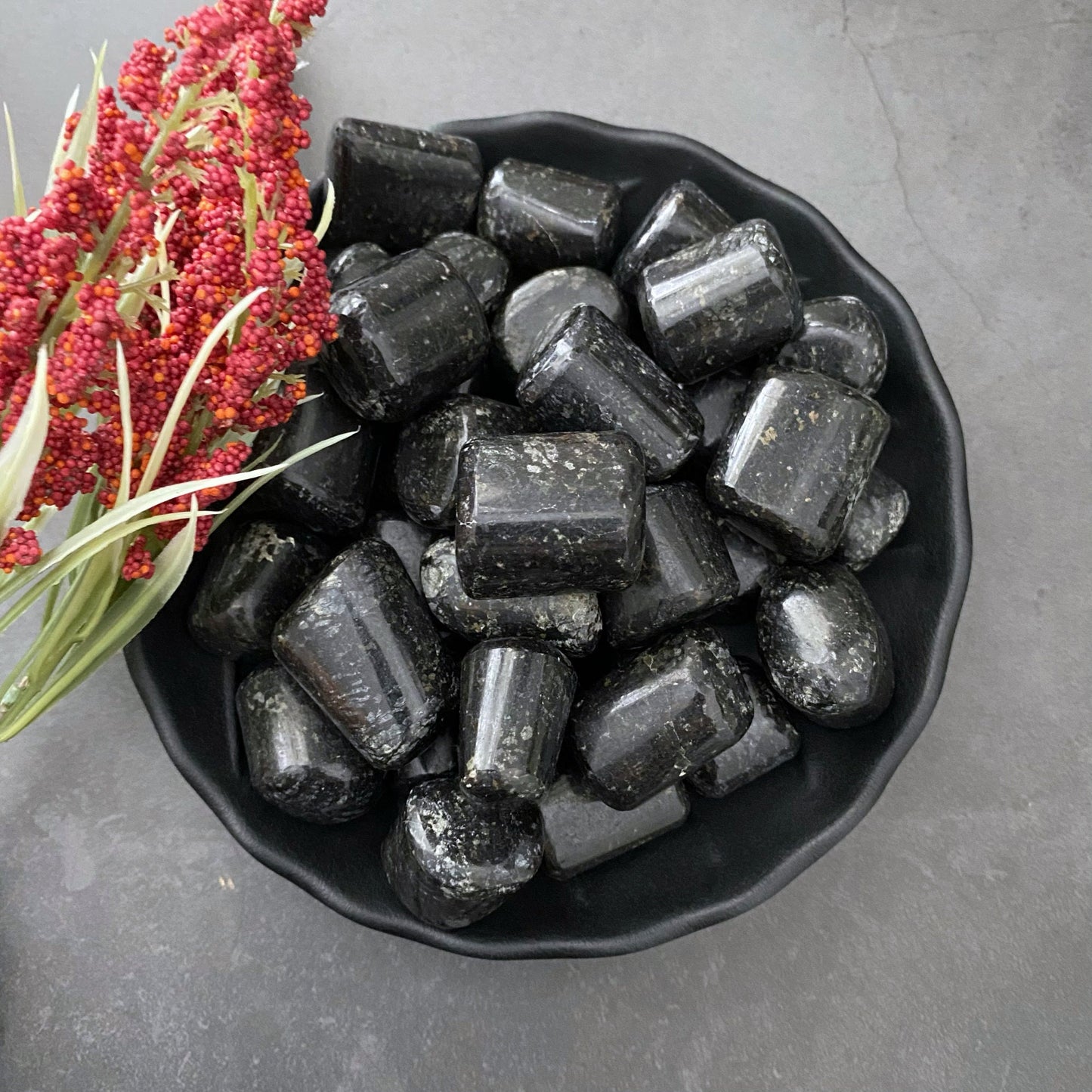 A black bowl filled with smooth, polished Black Galaxy Jasper Tumbled Stones sits on a dark surface, emanating grounding energies. To the left, a bundle of red and green decorative branches provides a striking contrast to the protective stones.