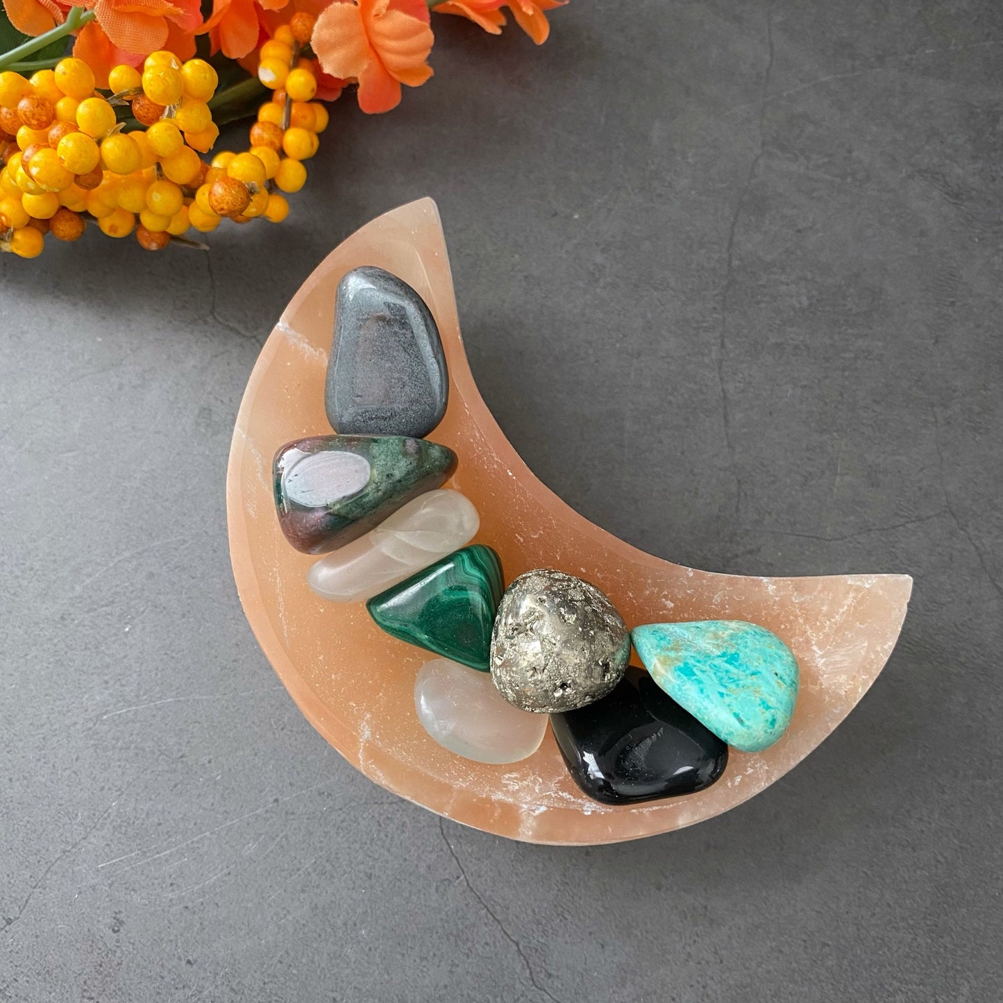 4" Orange Selenite Crescent Moon Bowl