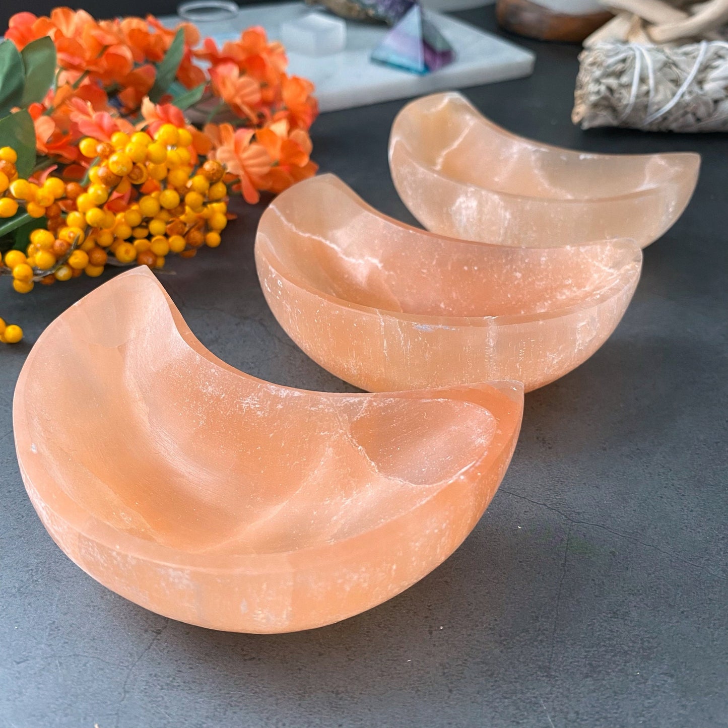 4" Orange Selenite Crescent Moon Bowl