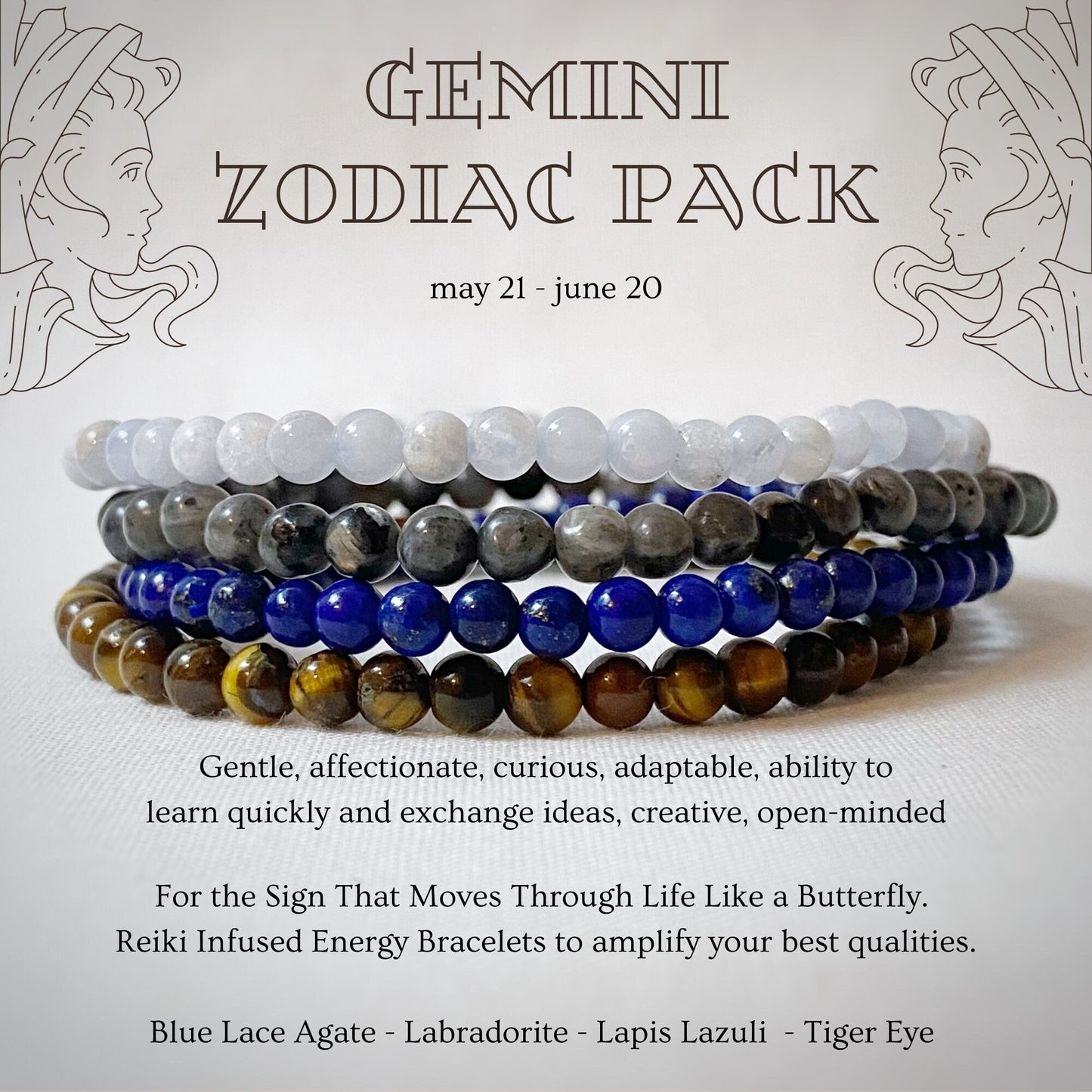 An image of a Gemini Bracelet Set featuring stacks of gemstone bracelets in blue, brown, and gray tones. Text describes traits of Gemini (gentle, adaptable, curious) and promotes Reiki-infused energy bracelets made of Blue Lace Agate, Labradorite, Lapis Lazuli, and Tiger Eye.