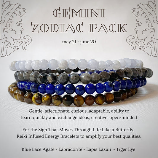 An image of a Gemini Bracelet Set featuring stacks of gemstone bracelets in blue, brown, and gray tones. Text describes traits of Gemini (gentle, adaptable, curious) and promotes Reiki-infused energy bracelets made of Blue Lace Agate, Labradorite, Lapis Lazuli, and Tiger Eye.