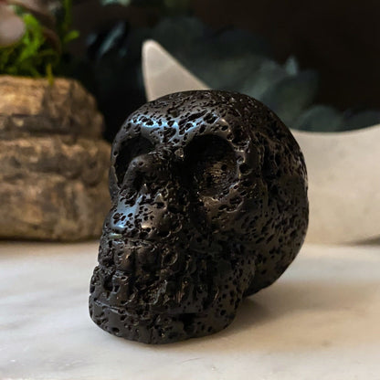 A 2" Lava Rock Skull is displayed on a flat surface with a blurred background of other natural stone formations and greenery. The texture of the skull is rough and dotted with numerous small holes, resonating with energies that ground and activate the root chakra.