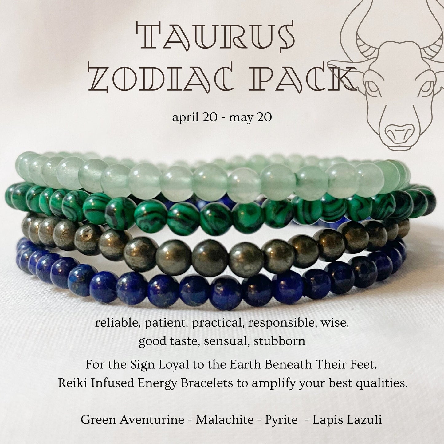 Image of a Taurus Bracelet Set featuring four Reiki Infused Energy Bracelets in shades of green and blue, including Green Aventurine, Malachite, Pyrite, and Lapis Lazuli. Text highlights Taurus traits and date range (April 20 - May 20). The background is white.