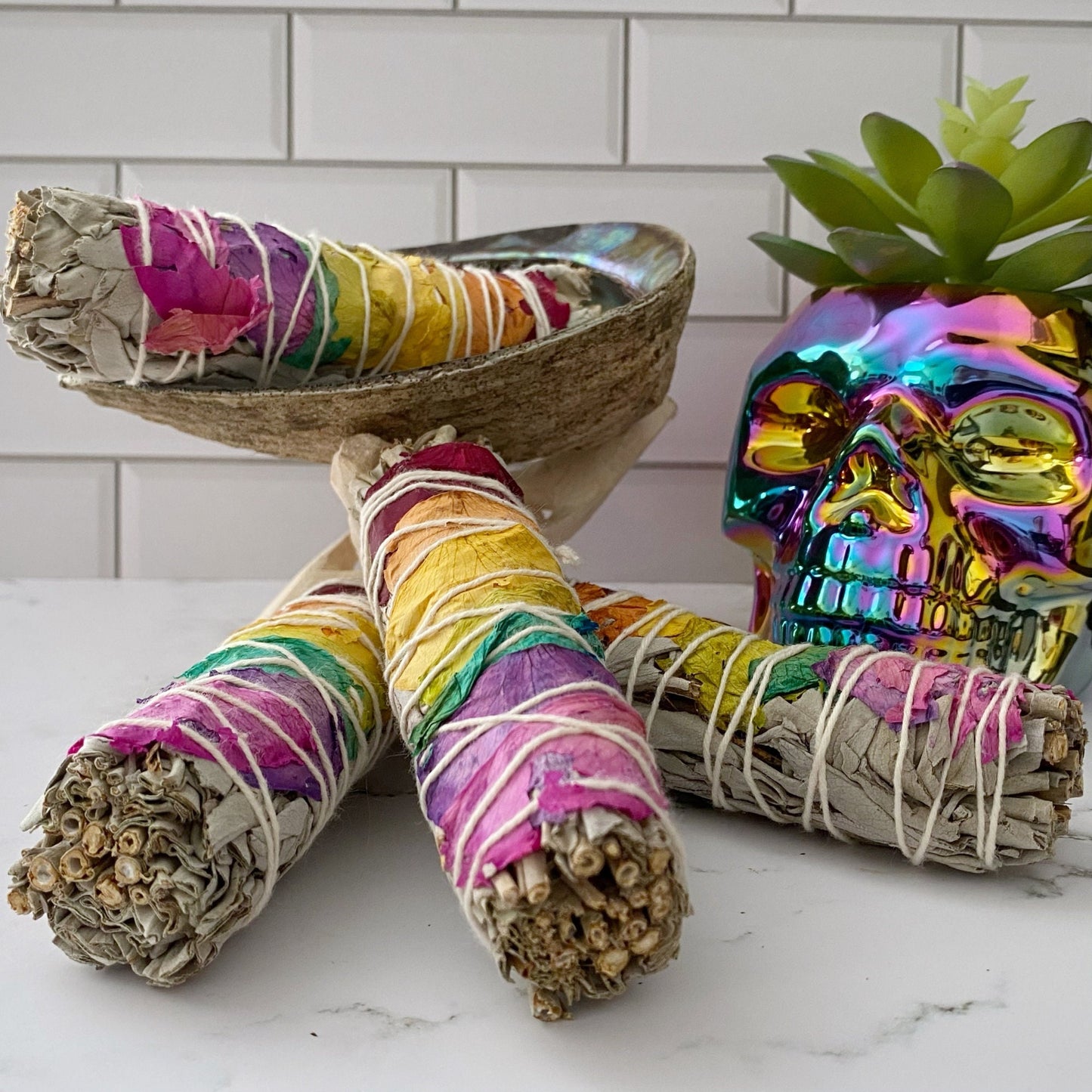 Three bundles of Organic White Sage & Chakra Rose Petals wrapped with colorful thread are arranged in front of a decorative metallic skull and a small potted succulent. Behind the sage bundles, there is a shell on a stand. The background features white tile, creating an ideal setting for energy cleansing with these chakra smudge sticks.