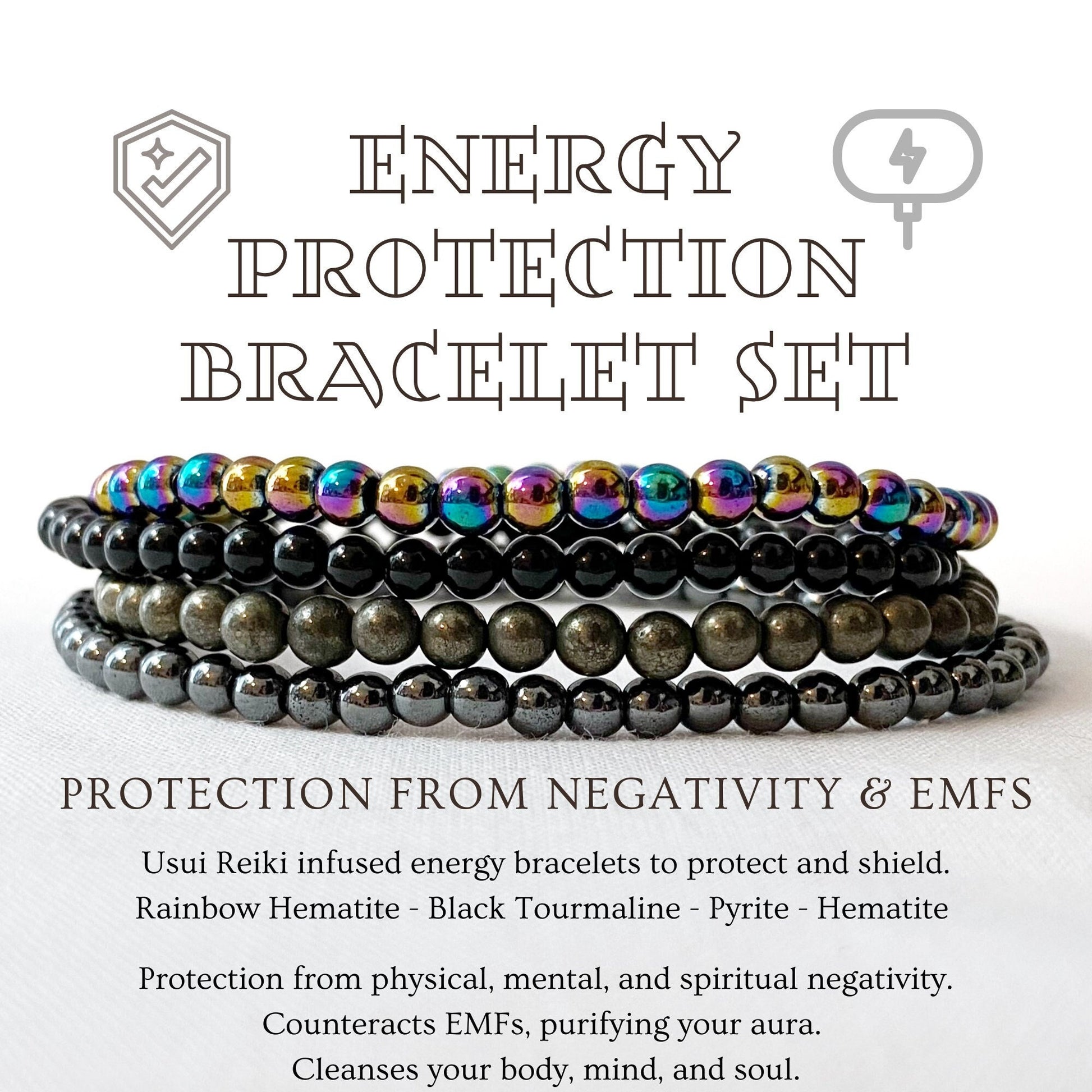 Image showing a set of Energy Protection Bracelet Set made from various beads. The text highlights the bracelet’s materials: Rainbow Hematite, Black Tourmaline, Pyrite, and Hematite. It states the bracelets provide protection from negativity and EMFs, and support physical, mental, and spiritual health.