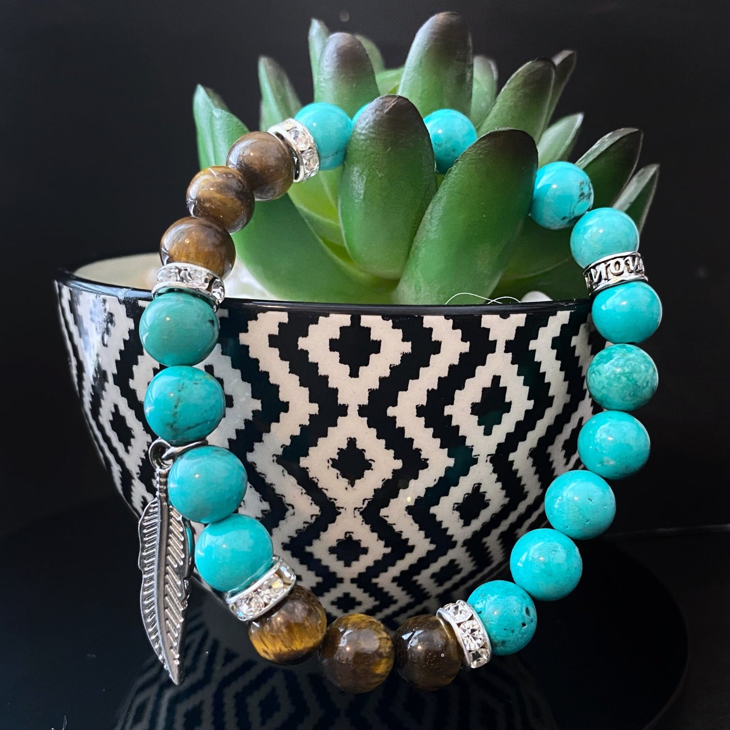 8mm Turquoise & Tiger Eye Beaded Bracelet with Feather Charm