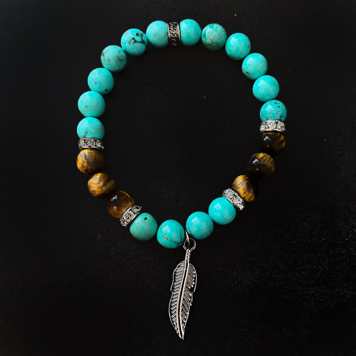 8mm Turquoise & Tiger Eye Beaded Bracelet with Feather Charm