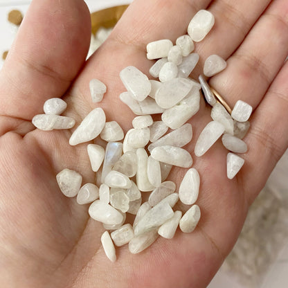 A wooden bowl filled with polished white stones sits on a white surface. Two small vials with cork stoppers and some scattered Rainbow Moonstone Crystal Chips are on the left, while a plastic bag with more stones is partially visible in the bottom right corner. A bundle of sage for metaphysical uses is at the top right.