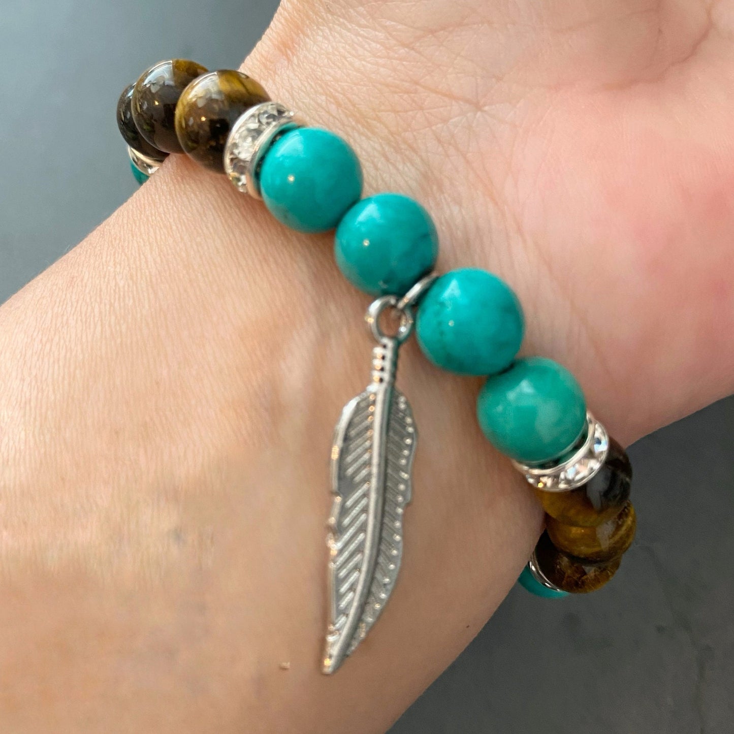 8mm Turquoise & Tiger Eye Beaded Bracelet with Feather Charm