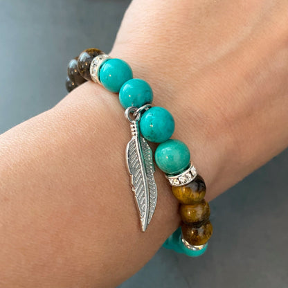 8mm Turquoise & Tiger Eye Beaded Bracelet with Feather Charm