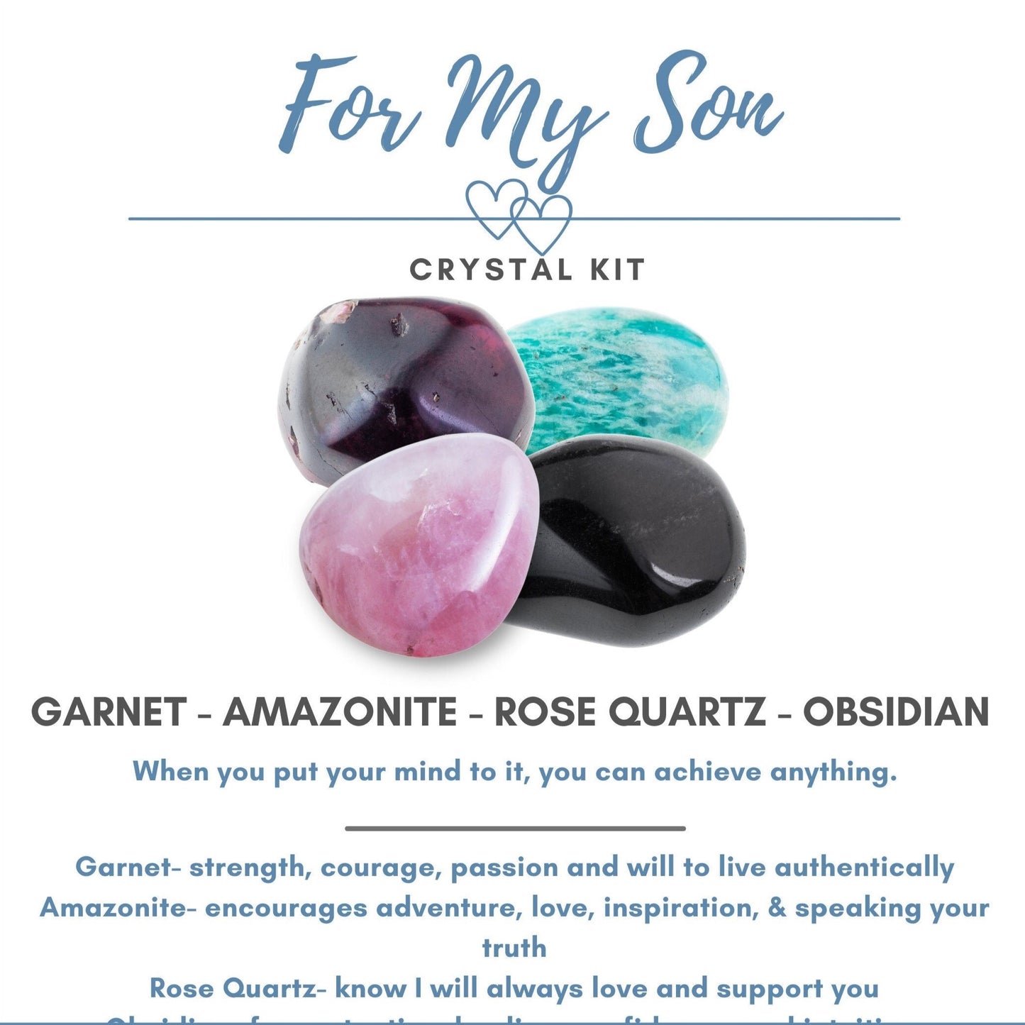 Image shows a For My Son Crystal Kit with four polished Healing Crystals: garnet, amazonite, rose quartz, and obsidian. Text describes their qualities: garnet for strength, amazonite for adventure, rose quartz for love, and obsidian for support and protection through Reiki Energy.