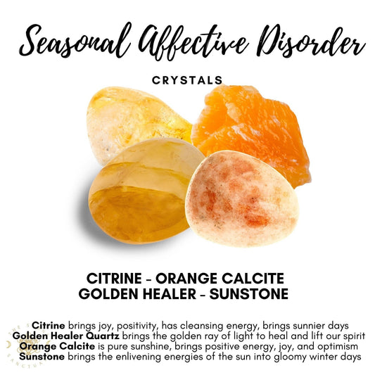 An arrangement of four different types of crystals against a white backdrop. From left to right, the labeled crystals are Citrine, Orange Calcite, Golden Healer Quartz, and Sunstone. Each crystal has a brief description of its purported benefits beside it, ideal for those seeking the Seasonal Affective Disorder Crystal Kit.