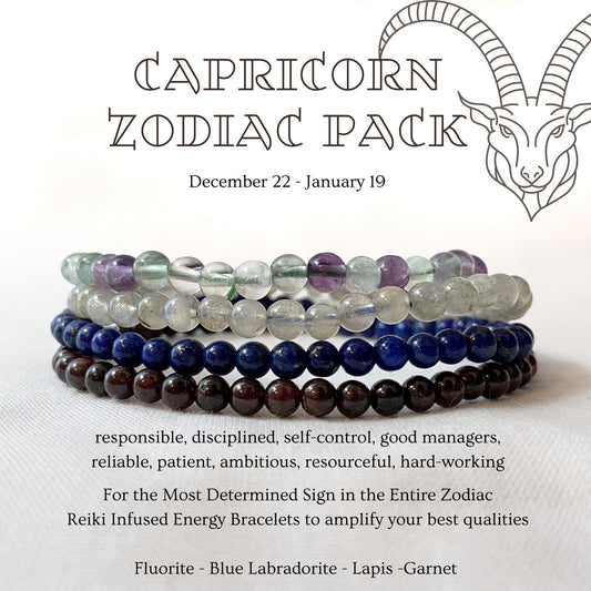 Image showing an advertisement for a "Capricorn Beaded Bracelet Set" pack made of Fluorite, Blue Labradorite, Lapis, and Garnet. The text highlights Capricorn traits such as being responsible, disciplined, and resourceful. Dates listed are December 22 - January 19. Enhance your strengths with Reiki Infused Bracelets.