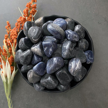 A black bowl is filled with smooth, dark blue tumbled stones of Sapphire Blue Aventurine Tumbled Stones. The bowl is placed on a dark surface. To the left of the bowl, there are clusters of orange and white flowers, adding a touch of natural color to the composition.