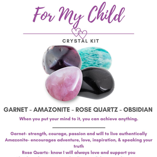 A promotional image for a "For My Child Crystal Kit." Four healing crystals are labeled: Garnet, Amazonite, Rose Quartz, and Obsidian. Below, descriptions highlight each crystal's qualities, including strength, courage, adventure, love, and support.