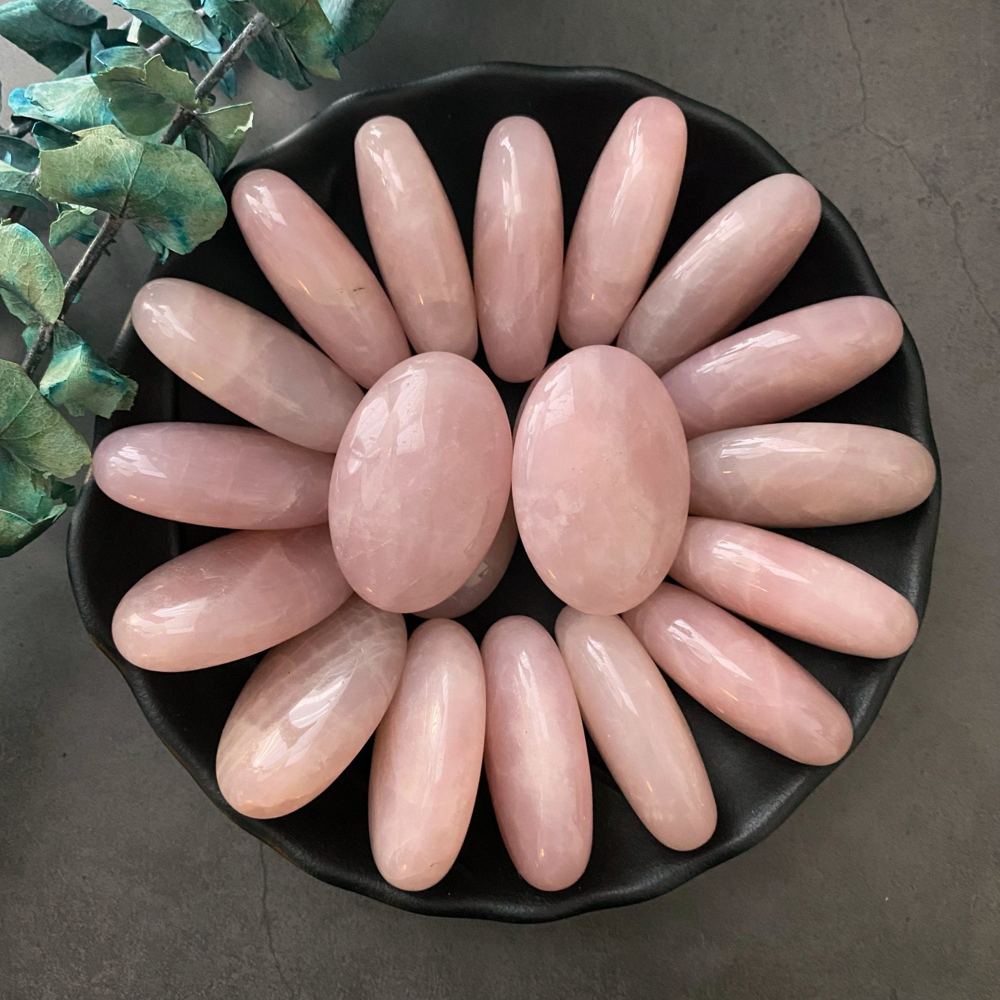 A black plate holds 16 smooth, oval-shaped Rose Quartz Palm Stones arranged in a radial pattern, resembling flower petals with one stone in the center. To the left, a sprig of artificial green eucalyptus leaves rests on a dark gray surface.