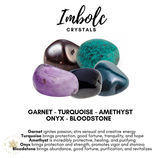 A promotional image featuring five polished gemstones labeled as "Imbolc Crystal Kit" for Brigid's Celtic celebration. The stones are Garnet (red), Turquoise (blue-green), Amethyst (purple), Onyx (black), and Bloodstone (green with red spots). The text describes the properties of each stone.