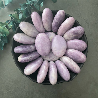 A black bowl contains an array of oval-shaped, smooth purple stones, likely Lepidolite Palm Stones, arranged in a circular pattern with their long sides pointing inward. The bowl is placed on a gray surface, and to its left are green-leaved branches. These Lepidolite Palm Stones are known for emotional healing and chakras activation.