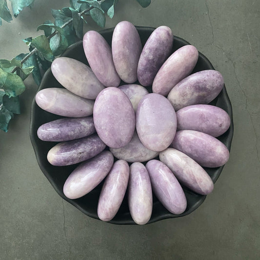 A black bowl contains an array of oval-shaped, smooth purple stones, likely Lepidolite Palm Stones, arranged in a circular pattern with their long sides pointing inward. The bowl is placed on a gray surface, and to its left are green-leaved branches. These Lepidolite Palm Stones are known for emotional healing and chakras activation.