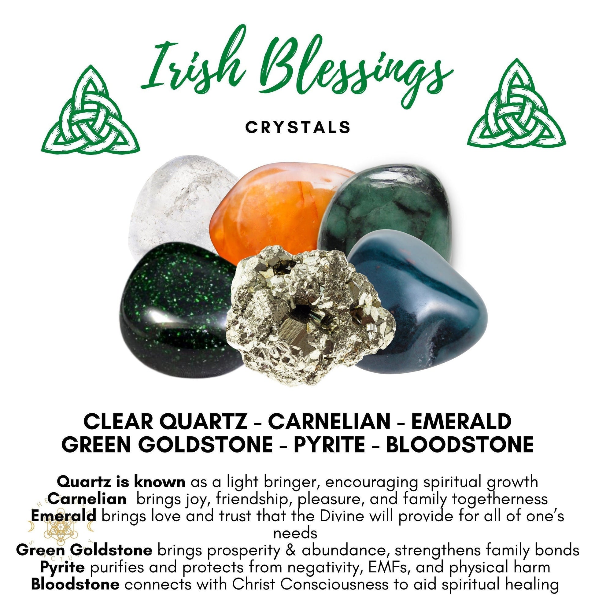 A graphic titled "Irish Blessings Crystal Kit" features images of five healing crystals: clear quartz, carnelian, emerald, green goldstone, and bloodstone. Each crystal's name is listed along with its properties for spiritual growth. A green Celtic knot decorates the top of the image.