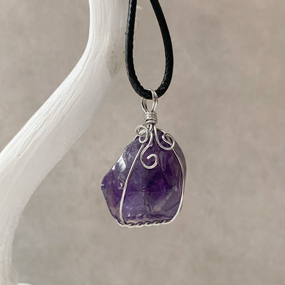 1.25" Wire Wrapped Rough Amethyst Crystal Pendant