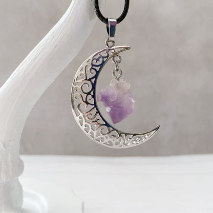 Silver Crescent Moon & Amethyst Pendant