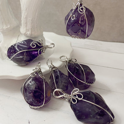 1.25" Wire Wrapped Rough Amethyst Crystal Pendant