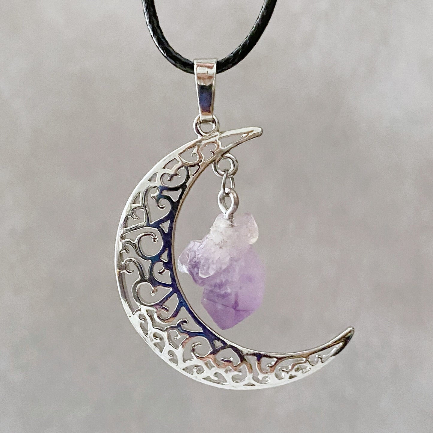 Silver Crescent Moon & Amethyst Pendant