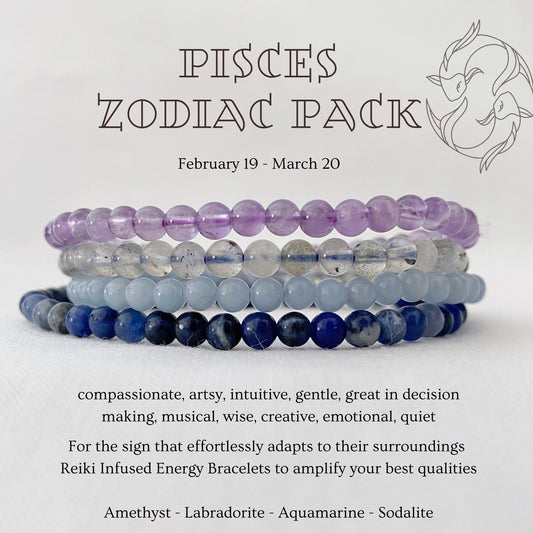 Image of several gemstone bracelets stacked together with a description above them. The text reads: "Pisces Beaded Bracelet Set. February 19 - March 20. Compassionate, artsy, intuitive, gentle, great in decision making, musical, wise, creative, emotional, quiet. For the sign that effortlessly adapts to their surroundings. Reiki Infused Energy Bracelets to amplify your best qualities: Am