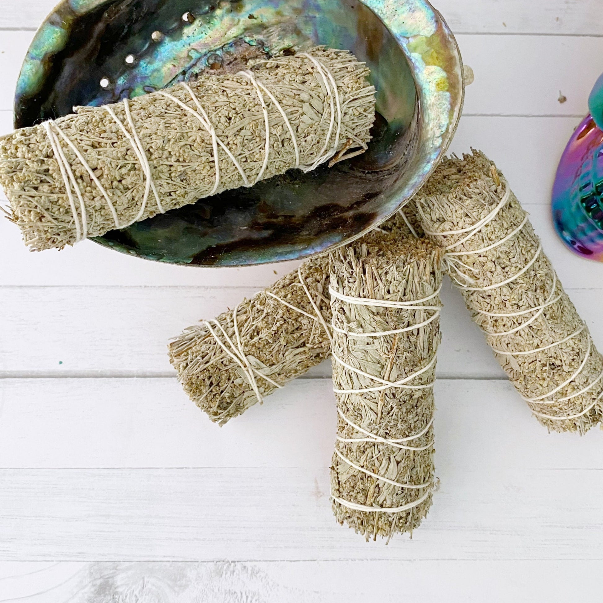 A collection of four 4" Organic Blue & White Sage Smudge Sticks wrapped in white string lies on a white wooden surface. Behind them is an abalone shell supported by a cloth, and to the right, a metallic, rainbow-colored decorative skull. A small succulent is partially visible.