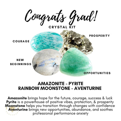 Congrats Grad! Graduation Crystal Kit with Amazonite, Pyrite, Rainbow Moonstone, and Aventurine. Amazonite symbolizes courage and luck; Pyrite for positive vibes and protection; Moonstone aids confidence and transitions; Aventurine promotes new beginnings and reduces anxiety—perfect for your graduation journey.