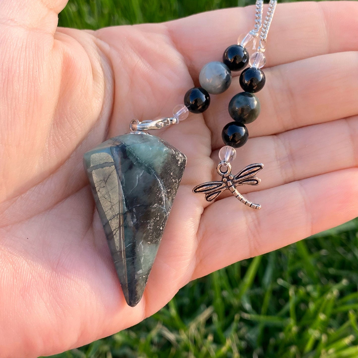 Emerald Hexagonal Pendulum with Dragonfly Charm