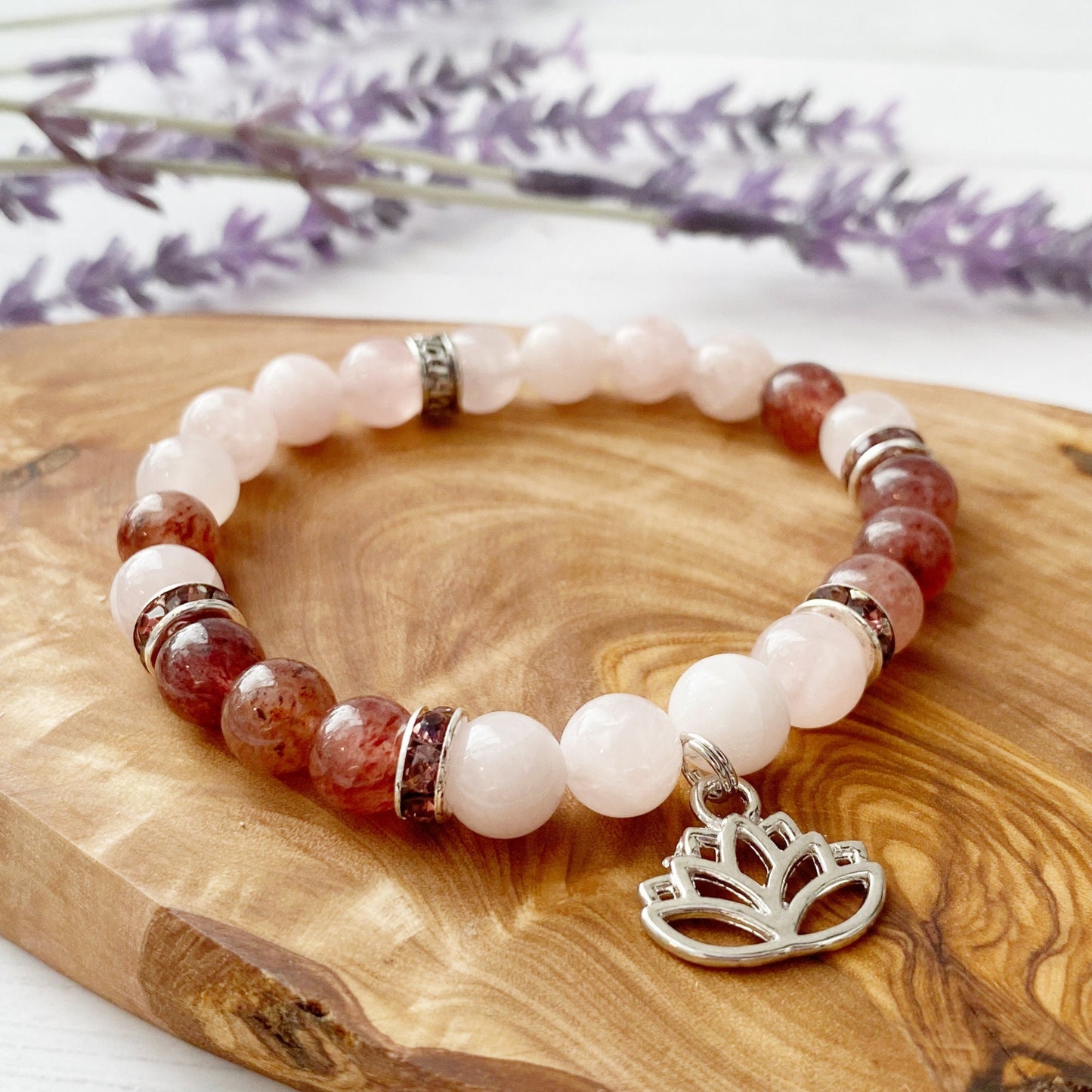 8mm Rose & Strawberry Quartz Beaded Bracelet w/Lotus Charm