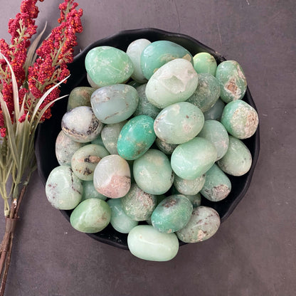 A black bowl filled with polished, oval green Chrysoprase Tumbled Stones varying in shades and patterns sits on a dark surface. To the left, a sprig of red berries and green leaves adds a touch of color and natural contrast, promoting creativity and emotional healing.