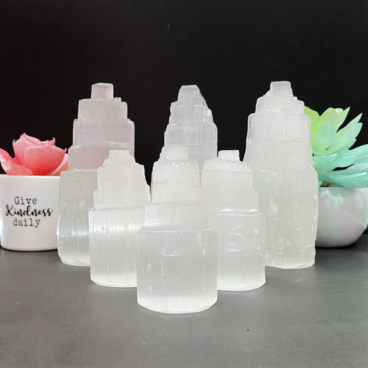 A group of Selenite Iceberg Towers in varying sizes is displayed in front of a black background. Behind the towers, there are small potted plants including a pink succulent and a white planter with the phrase "Give Kindness daily" written on it, perfect for encouraging spiritual growth.