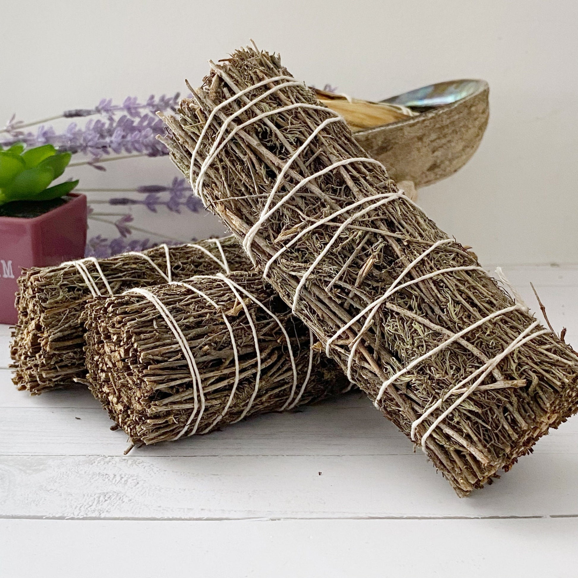 A close-up of three bundles of Organic Desert Sage Smudge Sticks tied with white string, placed on a white wooden surface. Behind them, a green succulent in a pink pot and a shell filled with desert sage and other dried herbs are visible. A lavender sprig adds a touch of color in the background.