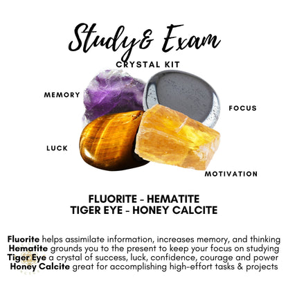 An image of a "Study and Exam Crystal Kit" featuring four healing crystals: Fluorite (Memory), Hematite (Focus), Tiger Eye (Luck), and Honey Calcite (Motivation). Each stone is labeled with its name and purpose. Text below explains the properties of each crystal for focus and memory during studying and exams.