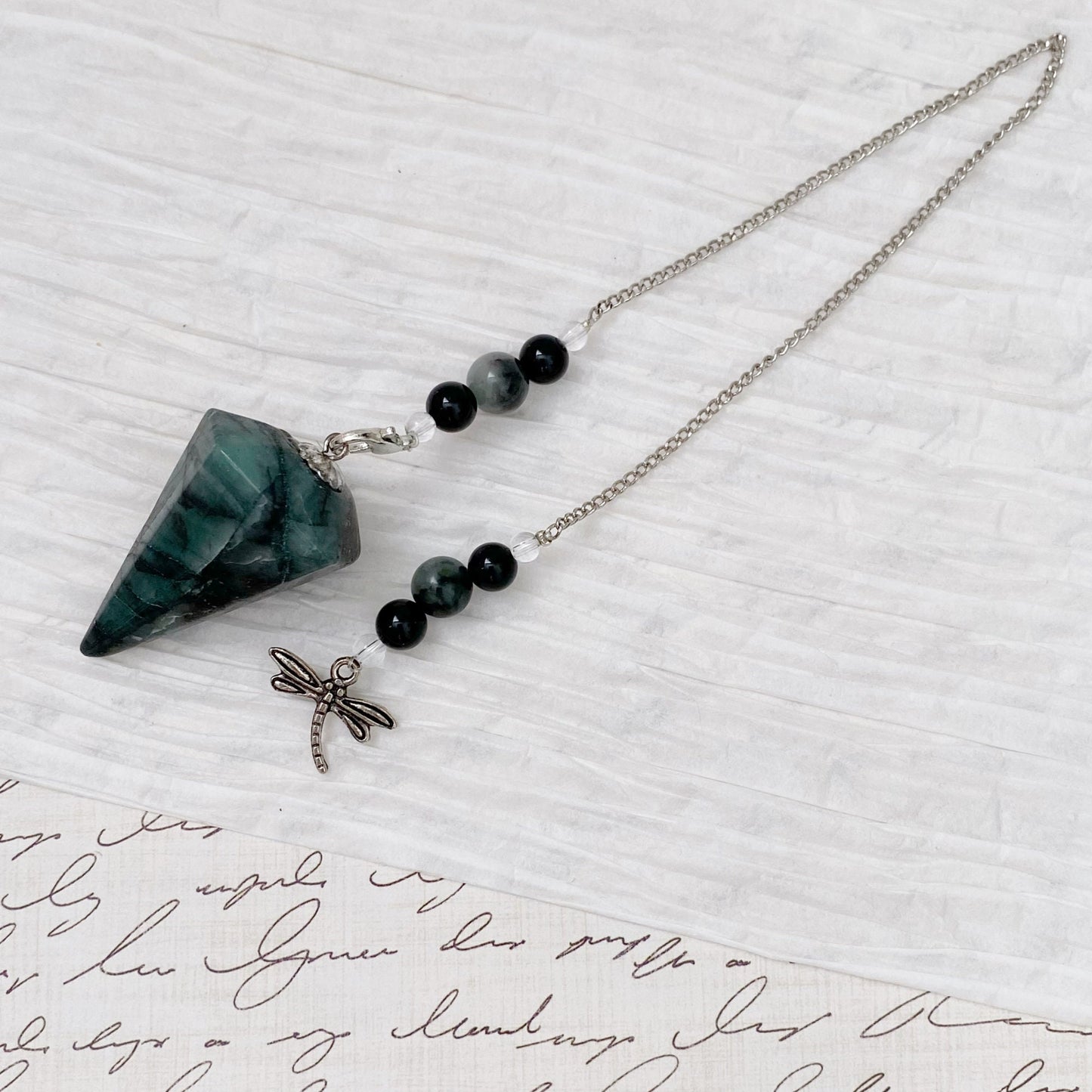 Emerald Hexagonal Pendulum with Dragonfly Charm